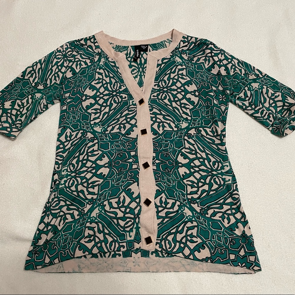 Charolette artistic green and cream silk sweater (size medium)